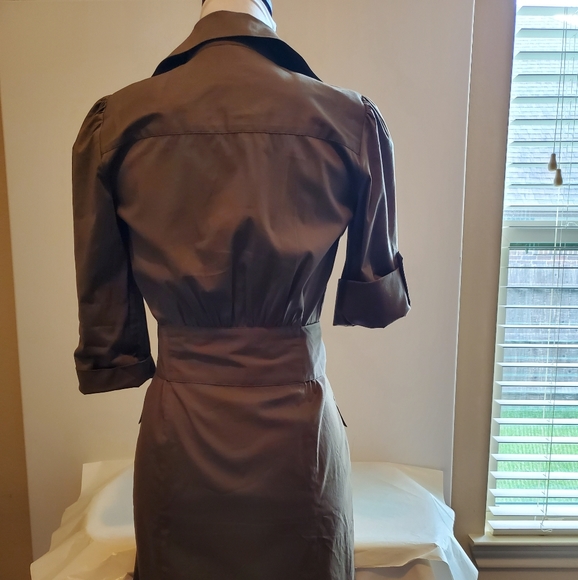 DVF Vintage Khaki Tan Safari Shirt Button Dress w Tie - Picture 5 of 10